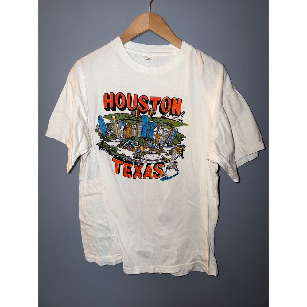 Vintage O'Rite Houston Texas Graphic T-Shirt White NASA Skyline Mens XL